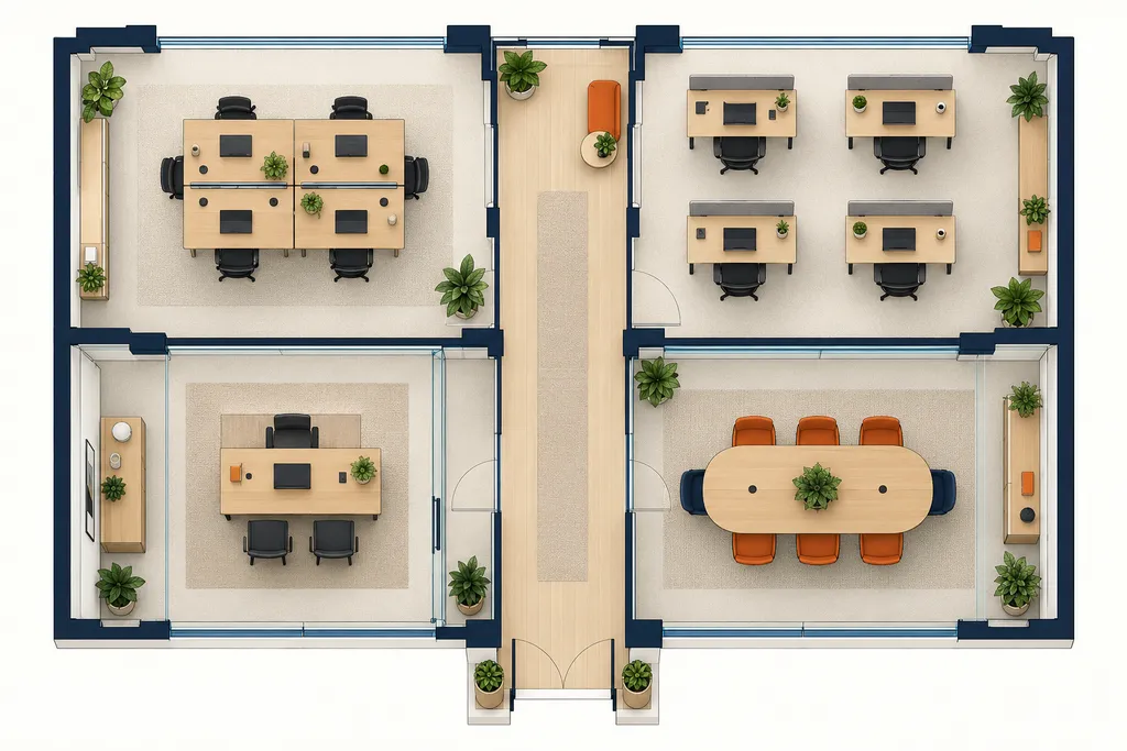 Shared desks, dedicated desks, a private office and a meeting room, shown from above