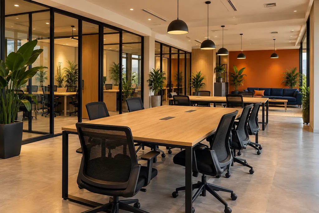 shared workspace with oak desks, black chairs and green plants
