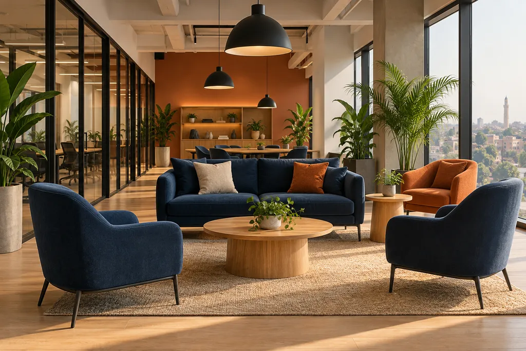 lounge with navy seating, an orange accent wall and tall plants