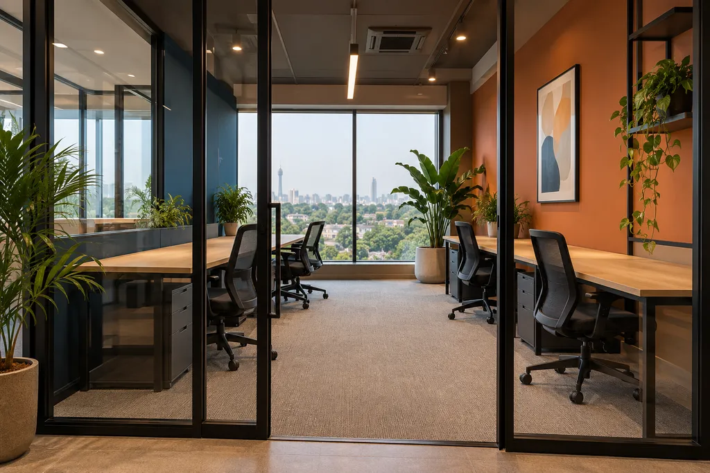 glass-enclosed private office with oak desks and ergonomic chairs